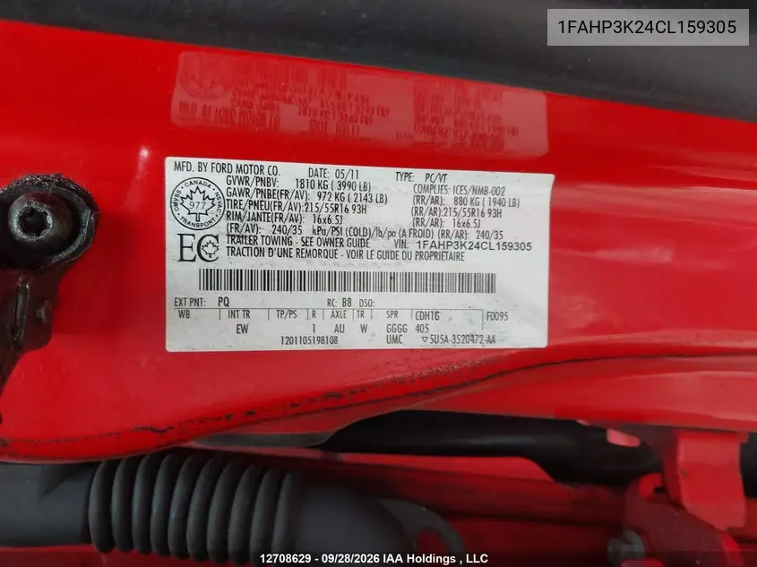 2012 FORD FOCUS VIN 1FAHP3K24CL159305 — фото 9