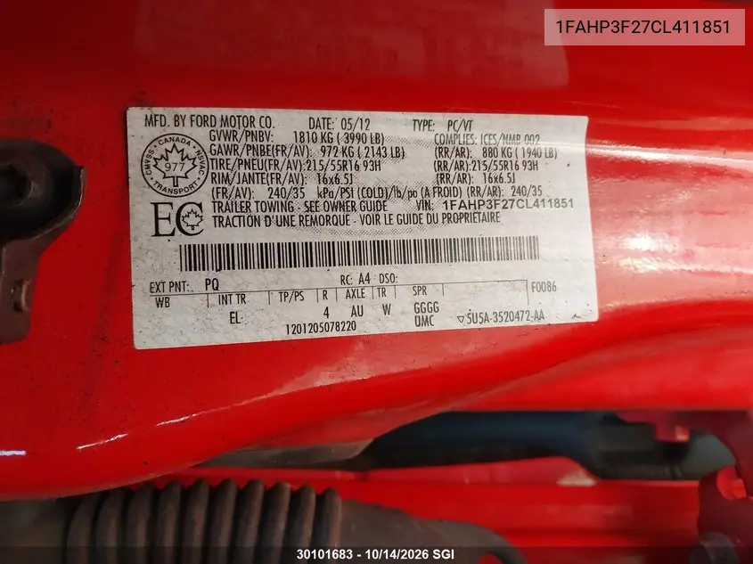2012 FORD FOCUS VIN 1FAHP3F27CL411851 — фото 9
