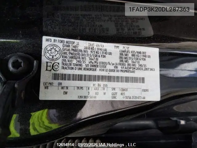 2013 FORD FOCUS VIN 1FADP3K20DL287363 — фото 10