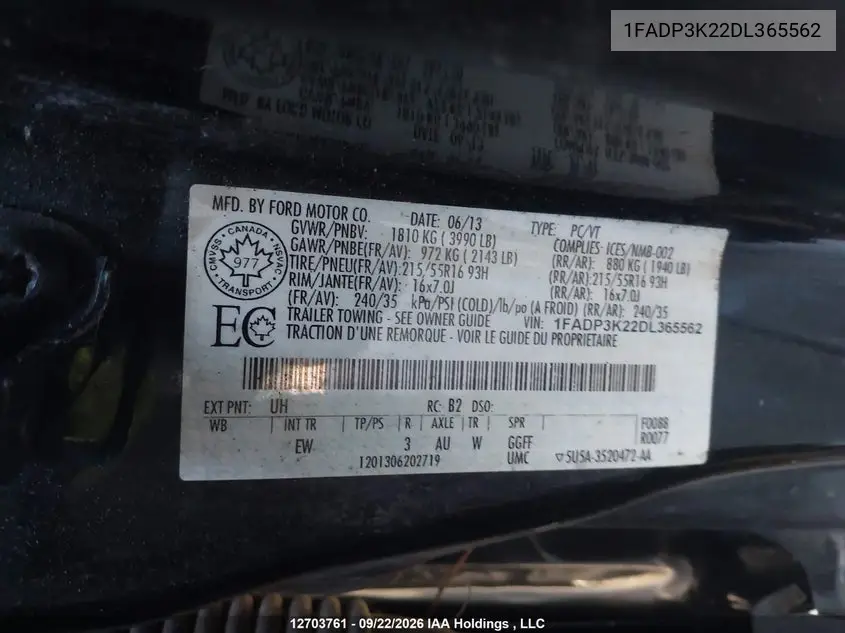 2013 FORD FOCUS VIN 1FADP3K22DL365562 — фото 18