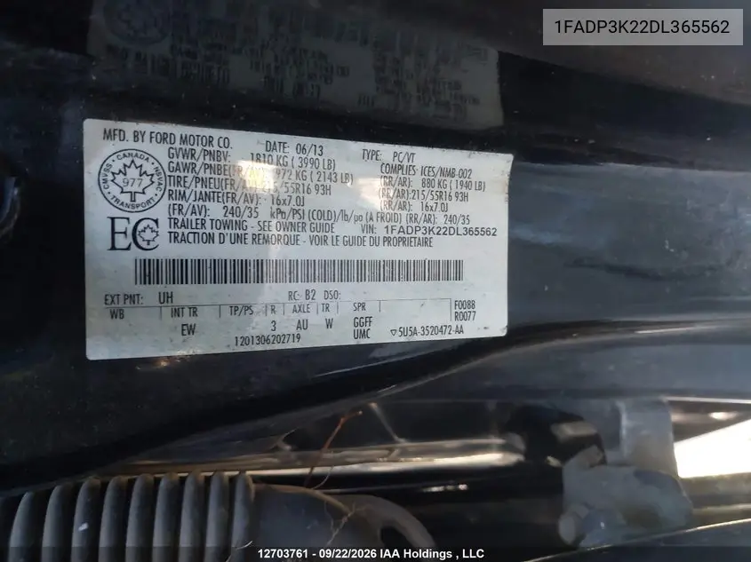 2013 FORD FOCUS VIN 1FADP3K22DL365562 — фото 9