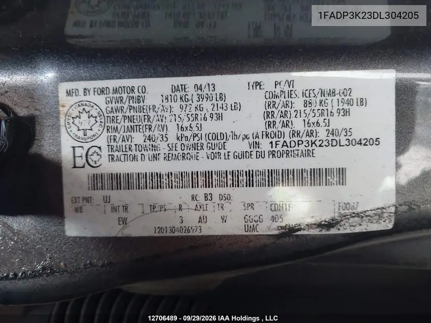 2013 FORD FOCUS VIN 1FADP3K23DL304205 — фото 9