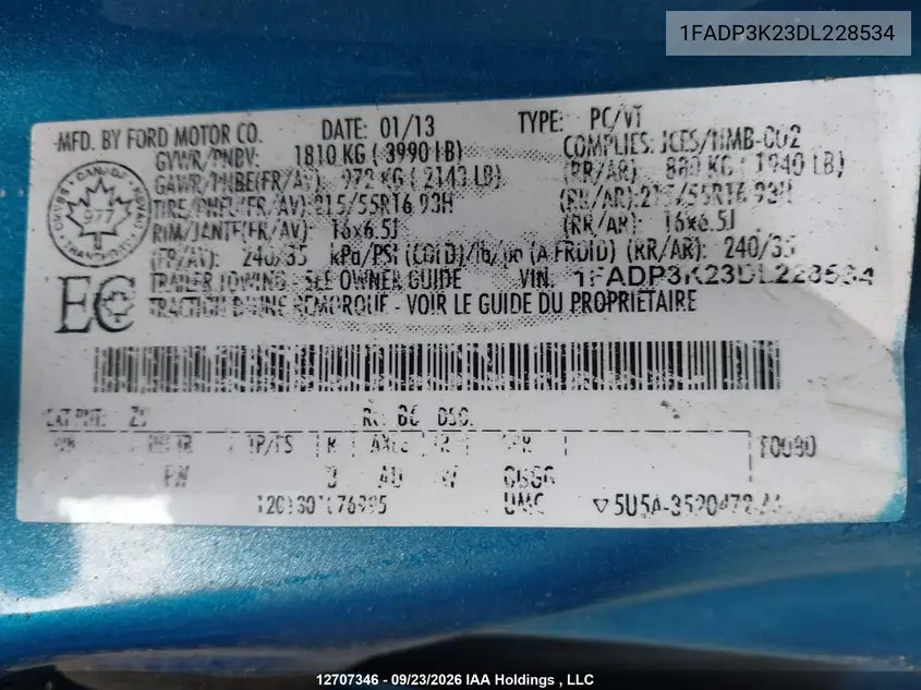 2013 FORD FOCUS VIN 1FADP3K23DL228534 — фото 19