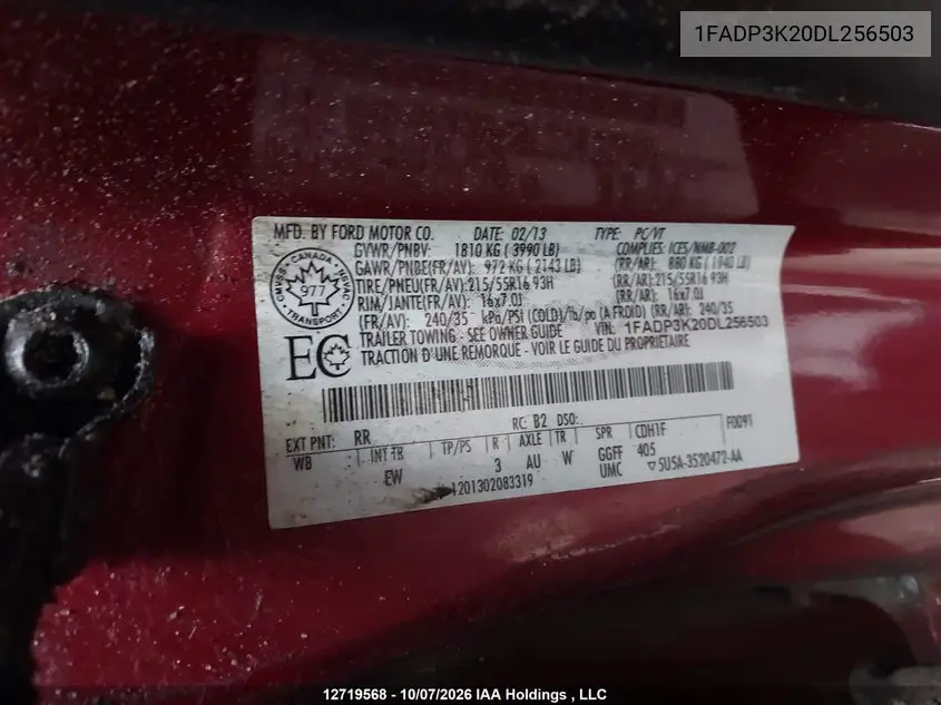2013 FORD FOCUS VIN 1FADP3K20DL256503 — фото 9