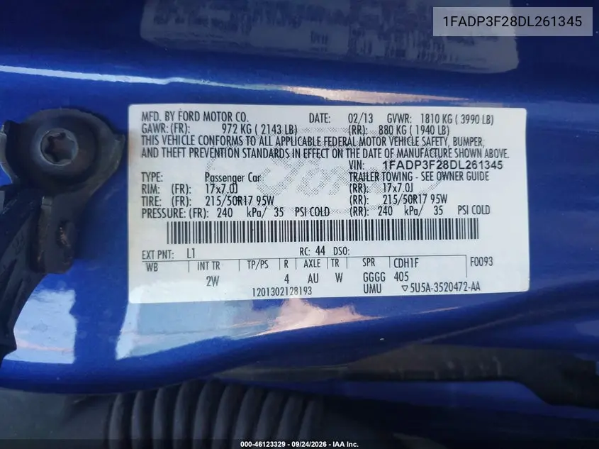 2013 FORD FOCUS VIN 1FADP3F28DL261345 — фото 9