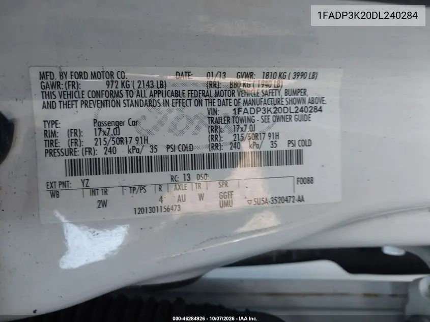 2013 FORD FOCUS VIN 1FADP3K20DL240284 — фото 9