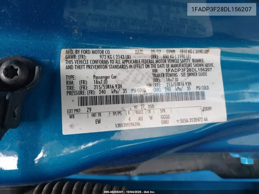 2013 FORD FOCUS VIN 1FADP3F28DL156207 — фото 9