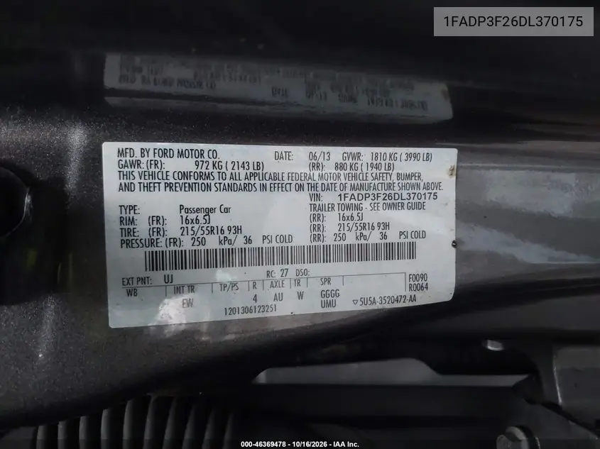 2013 FORD FOCUS VIN 1FADP3F26DL370175 — фото 9