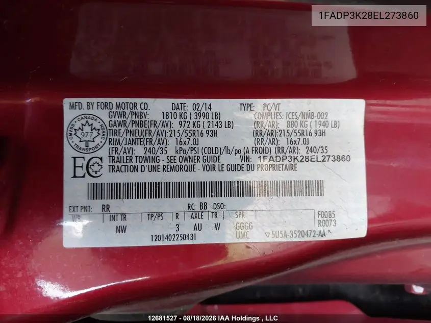 2014 FORD FOCUS VIN 1FADP3K28EL273860 — фото 9
