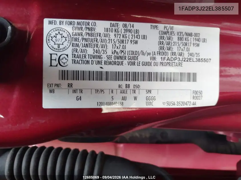 2014 FORD FOCUS VIN 1FADP3J22EL385507 — фото 9