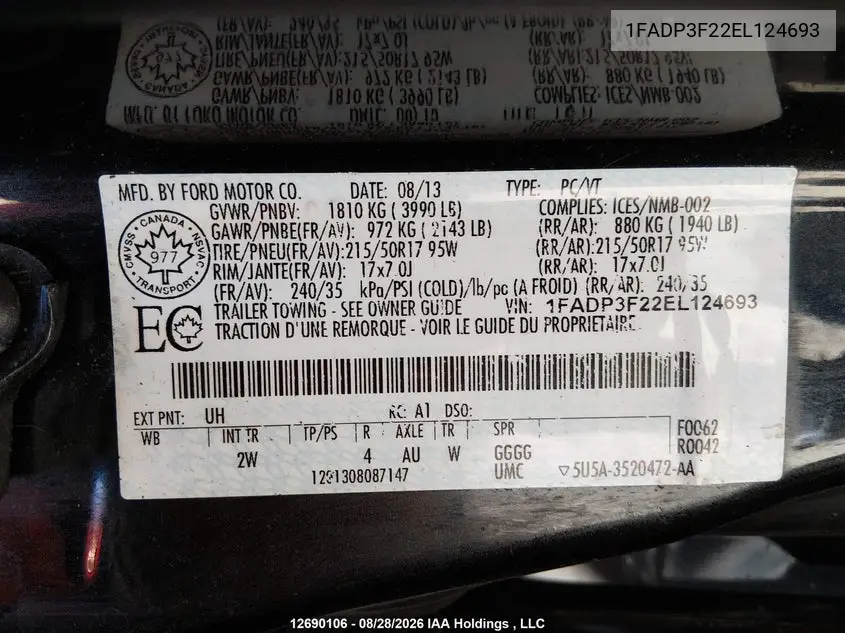 2014 FORD FOCUS VIN 1FADP3F22EL124693 — фото 9