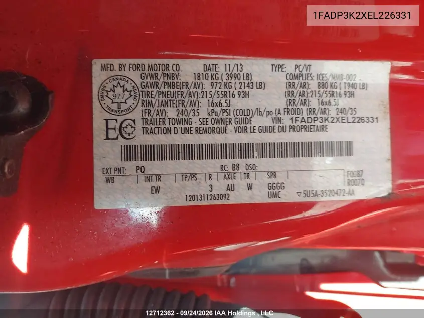 2014 FORD FOCUS VIN 1FADP3K2XEL226331 — фото 9