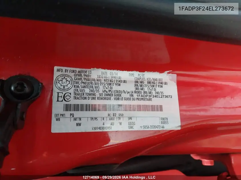 2014 FORD FOCUS VIN 1FADP3F24EL273672 — фото 18