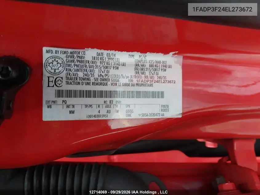 2014 FORD FOCUS VIN 1FADP3F24EL273672 — фото 9