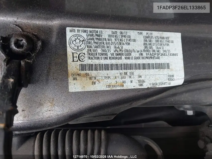 2014 FORD FOCUS VIN 1FADP3F26EL133865 — фото 9