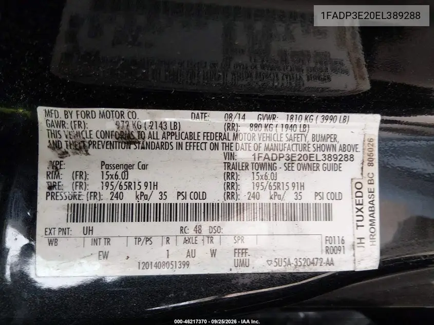2014 FORD FOCUS VIN 1FADP3E20EL389288 — фото 9