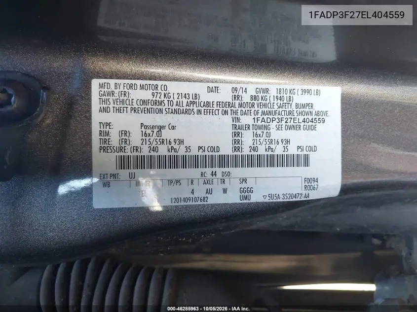 2014 FORD FOCUS VIN 1FADP3F27EL404559 — фото 9