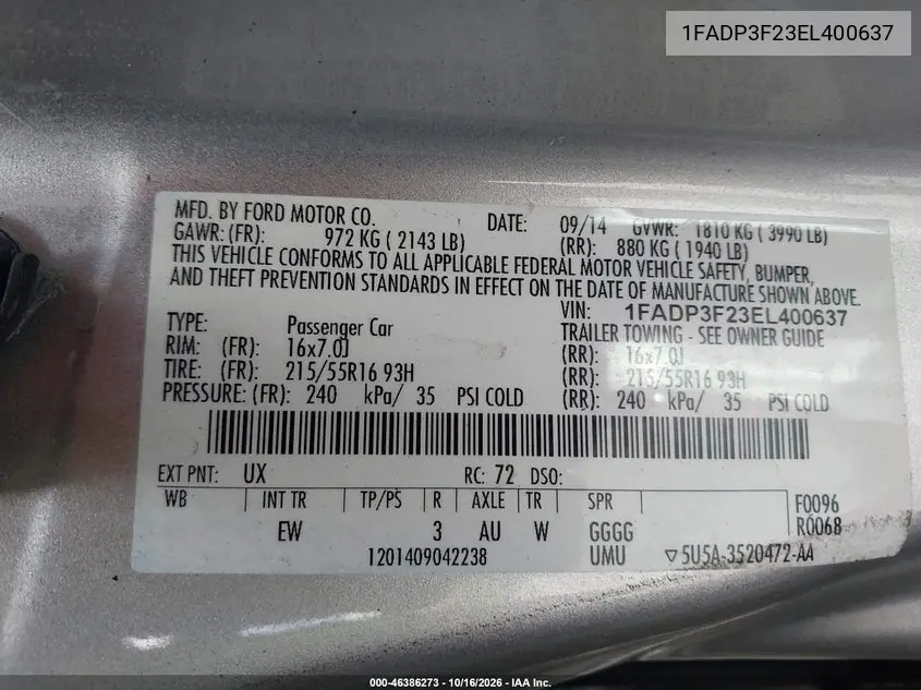2014 FORD FOCUS VIN 1FADP3F23EL400637 — фото 9