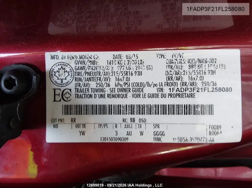 2015 FORD FOCUS VIN 1FADP3F21FL258080 — фото 9