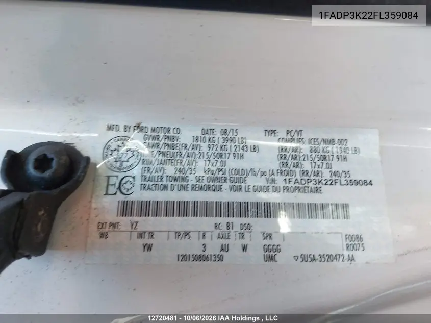 2015 FORD FOCUS VIN 1FADP3K22FL359084 — фото 9
