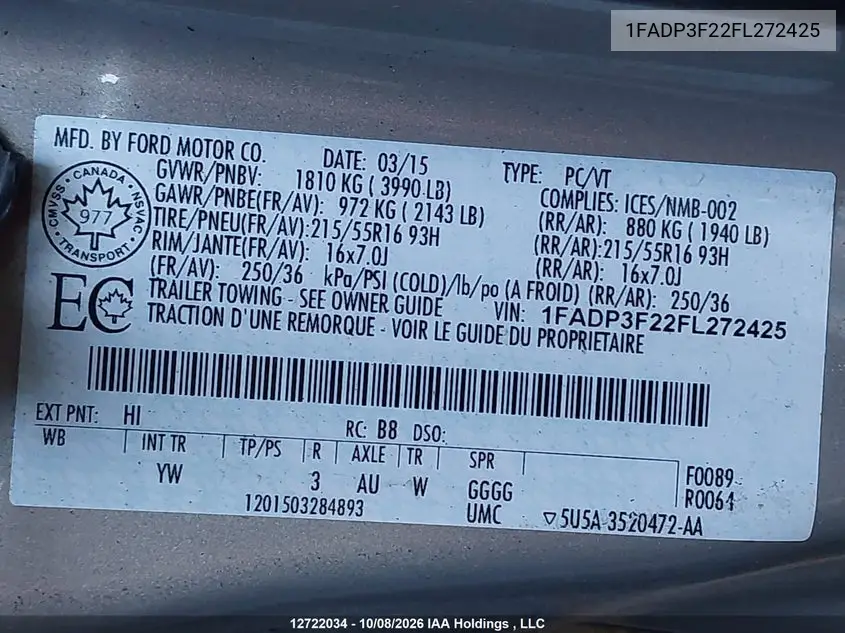 2015 FORD FOCUS VIN 1FADP3F22FL272425 — фото 9