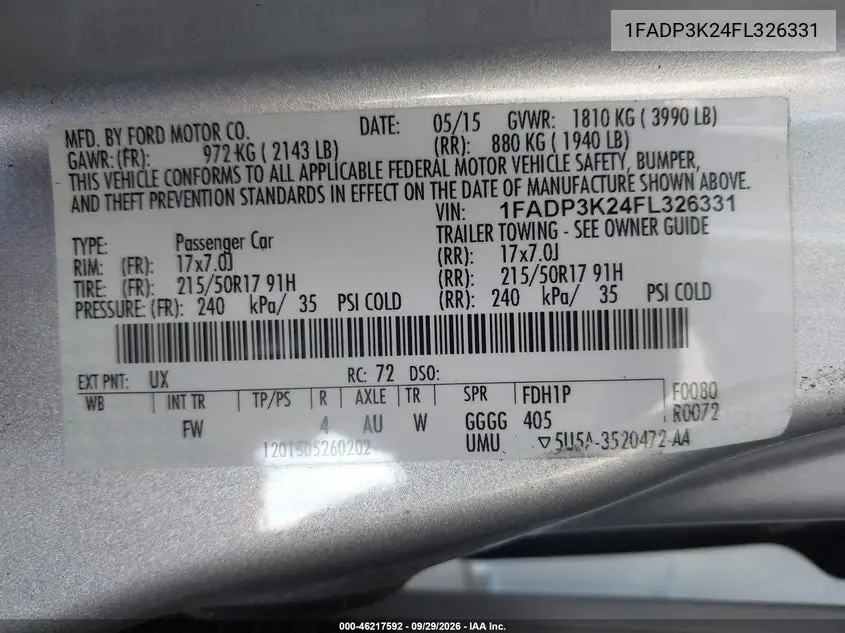 2015 FORD FOCUS VIN 1FADP3K24FL326331 — фото 9