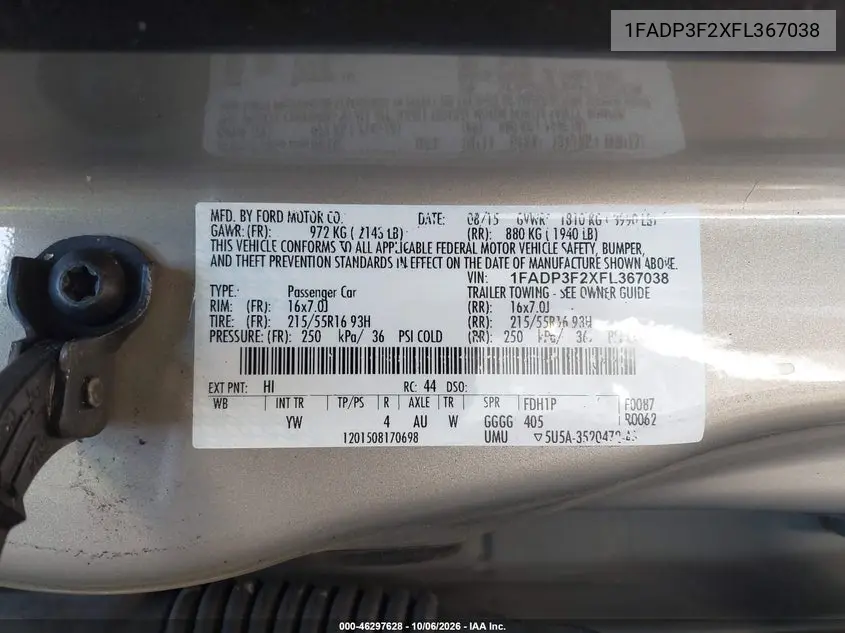 2015 FORD FOCUS VIN 1FADP3F2XFL367038 — фото 9