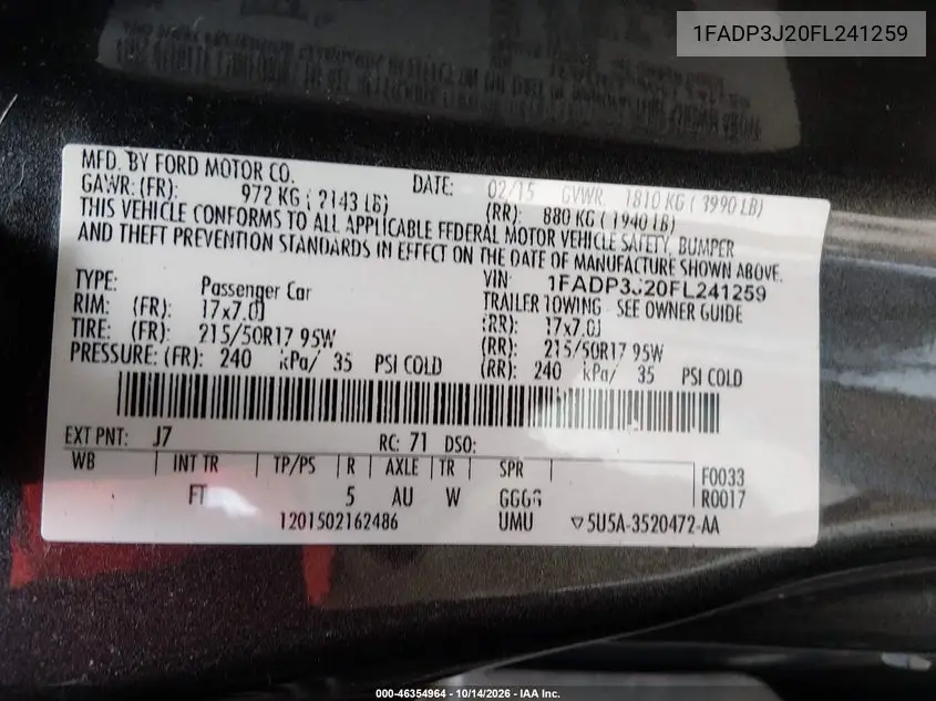 2015 FORD FOCUS VIN 1FADP3J20FL241259 — фото 9