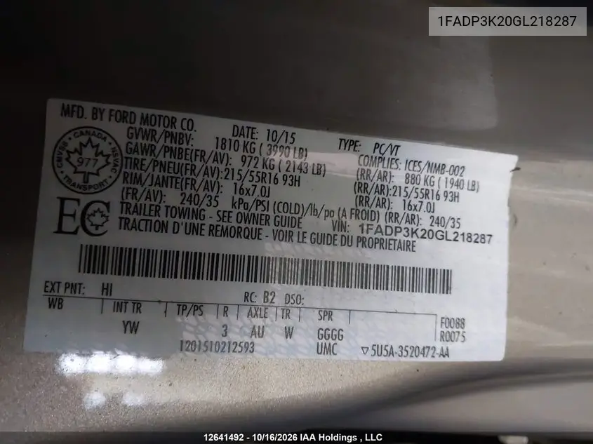 2016 FORD FOCUS VIN 1FADP3K20GL218287 — фото 18