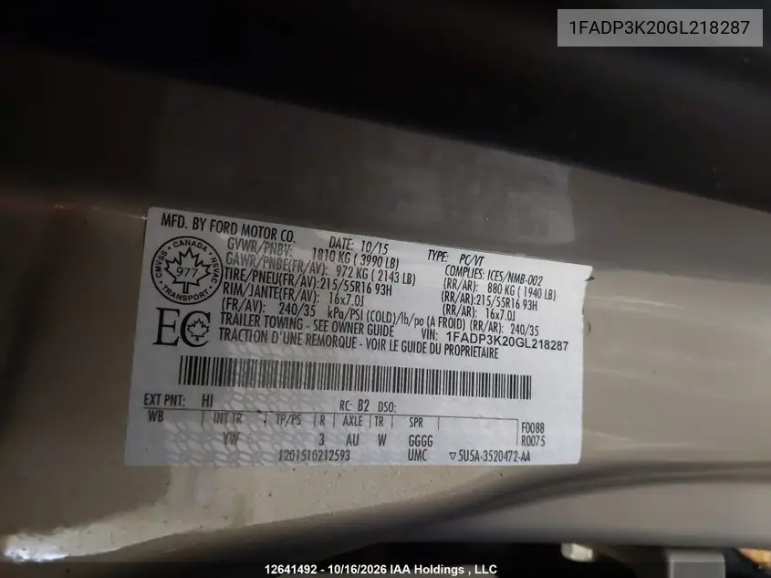 2016 FORD FOCUS VIN 1FADP3K20GL218287 — фото 9