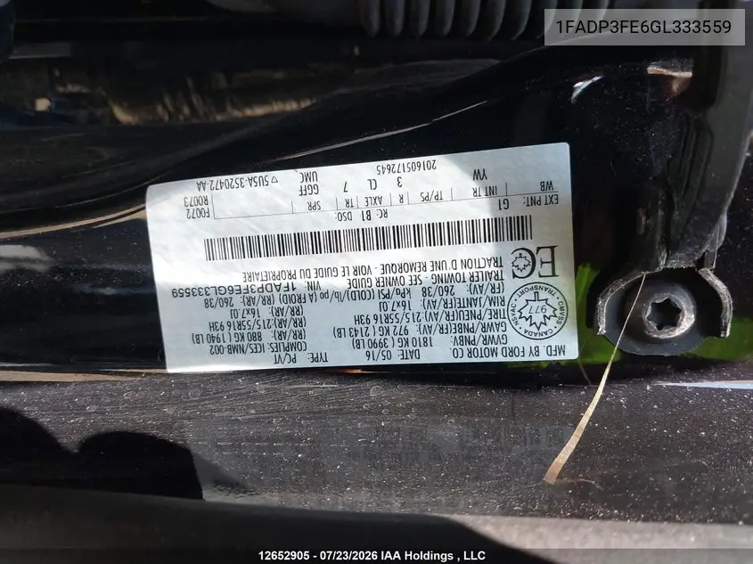 2016 FORD FOCUS VIN 1FADP3FE6GL333559 — фото 9
