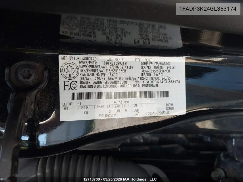2016 FORD FOCUS VIN 1FADP3K24GL353174 — фото 9