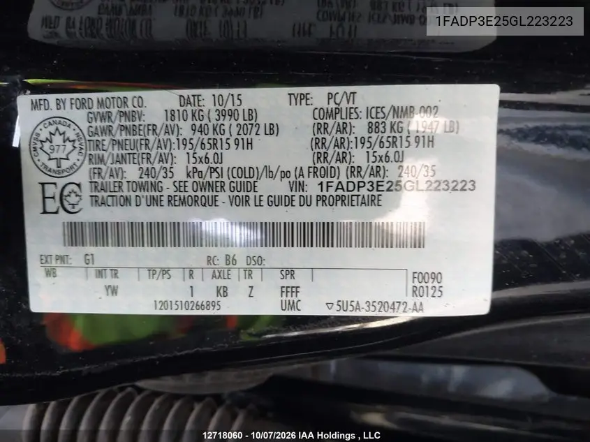2016 FORD FOCUS VIN 1FADP3E25GL223223 — фото 18