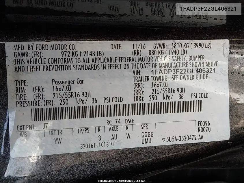 2016 FORD FOCUS VIN 1FADP3F22GL406321 — фото 9