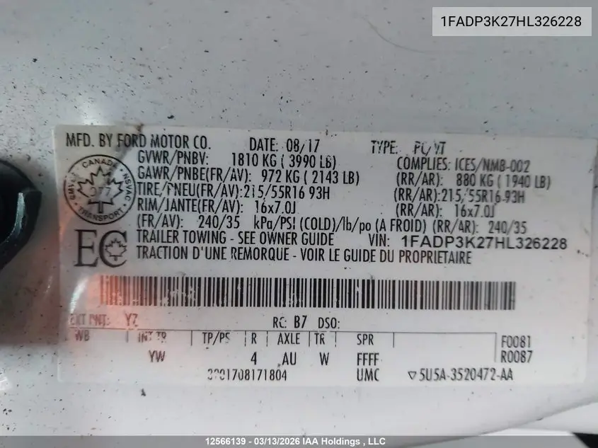 2017 FORD FOCUS VIN 1FADP3K27HL326228 — фото 9