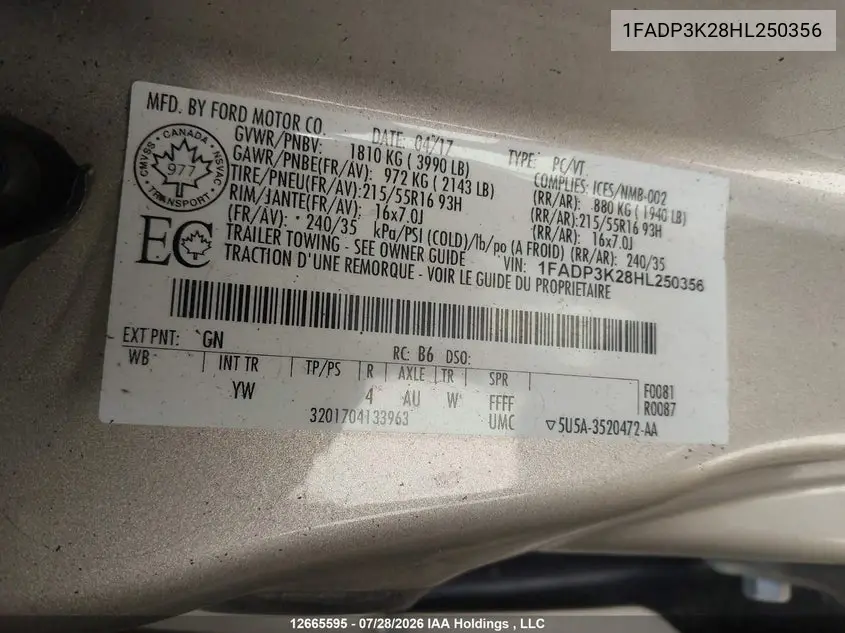 2017 FORD FOCUS VIN 1FADP3K28HL250356 — фото 9