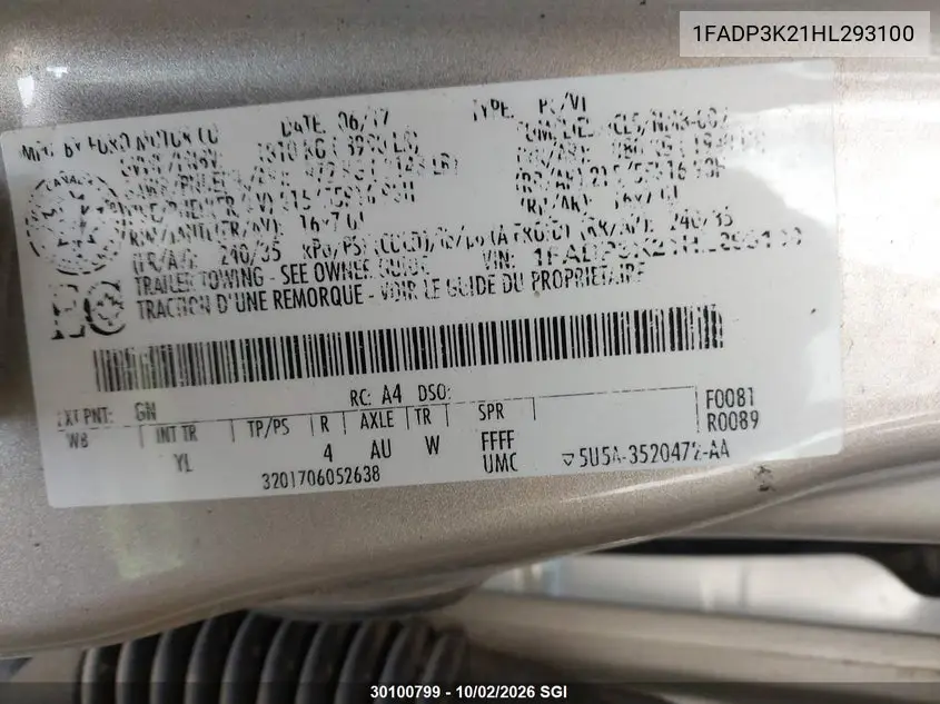 2017 FORD FOCUS VIN 1FADP3K21HL293100 — фото 9