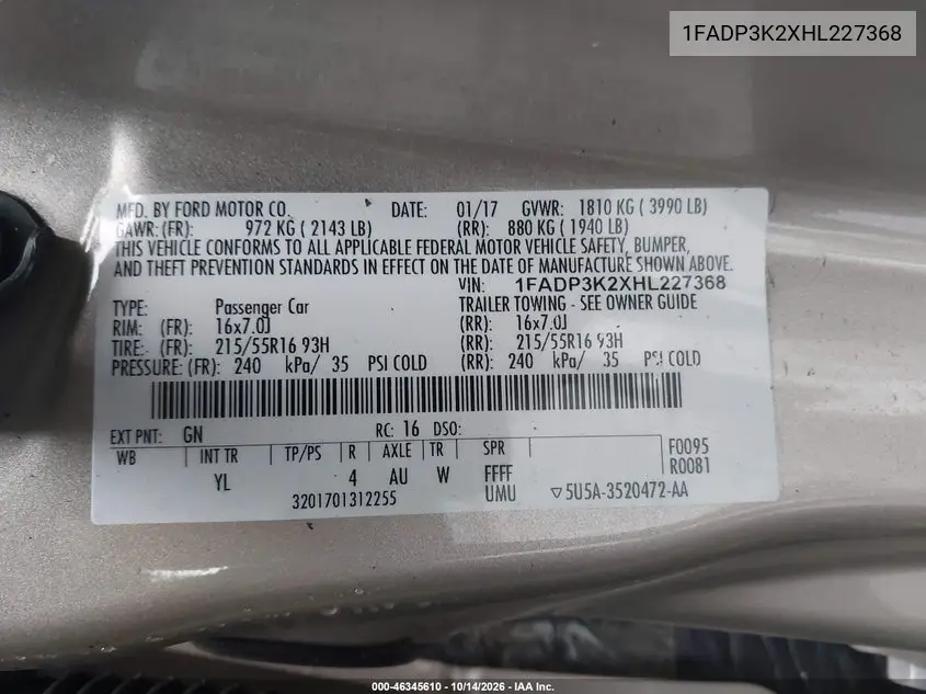 2017 FORD FOCUS VIN 1FADP3K2XHL227368 — фото 9