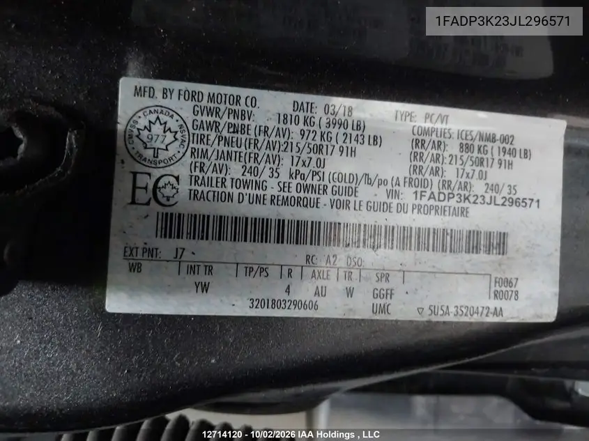 2018 FORD FOCUS VIN 1FADP3K23JL296571 — фото 9