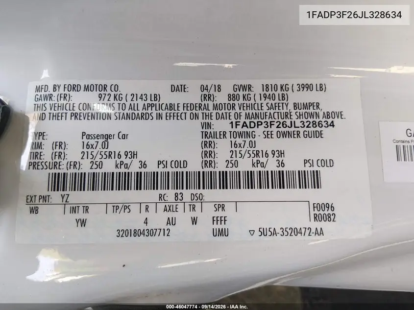 2018 FORD FOCUS VIN 1FADP3F26JL328634 — фото 9