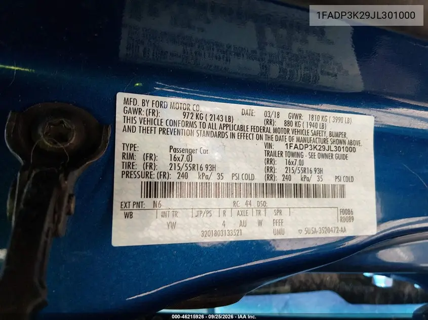 2018 FORD FOCUS VIN 1FADP3K29JL301000 — фото 9