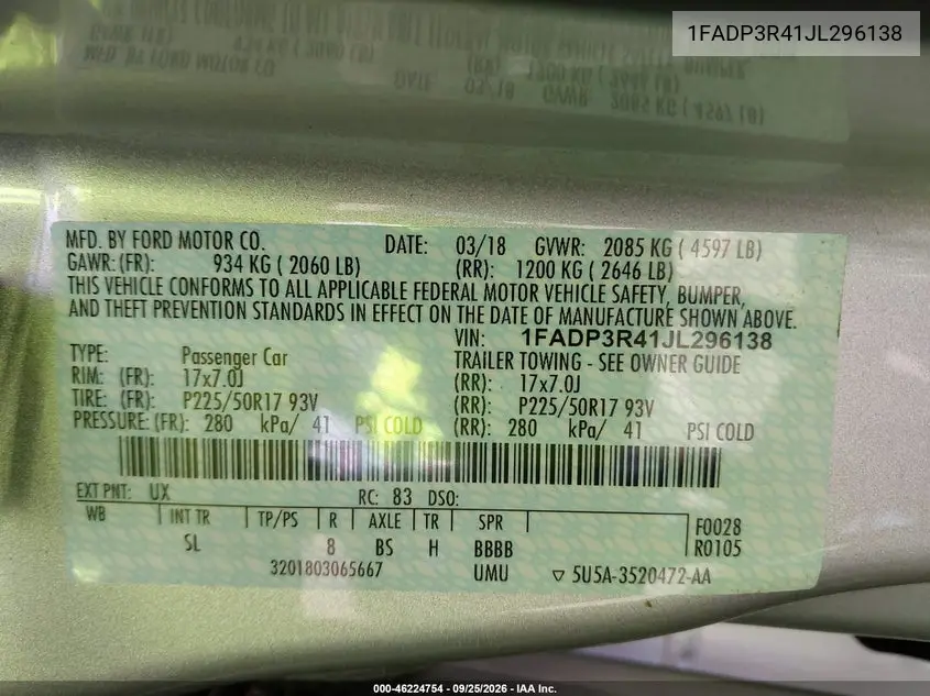2018 FORD FOCUS VIN 1FADP3R41JL296138 — фото 9