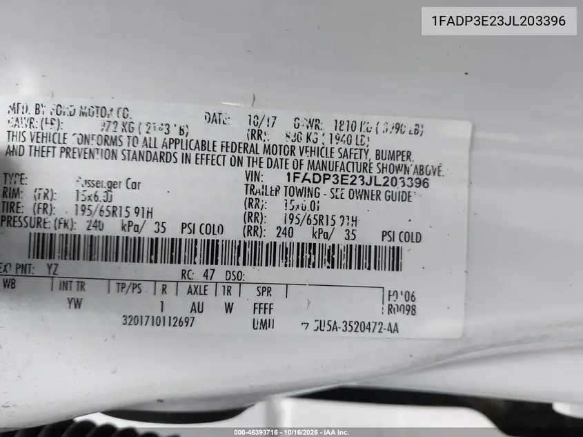 2018 FORD FOCUS VIN 1FADP3E23JL203396 — фото 9