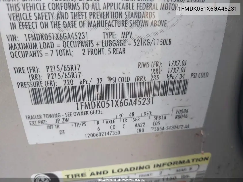 2006 FORD FREESTYLE VIN 1FMDK051X6GA45231 — фото 9