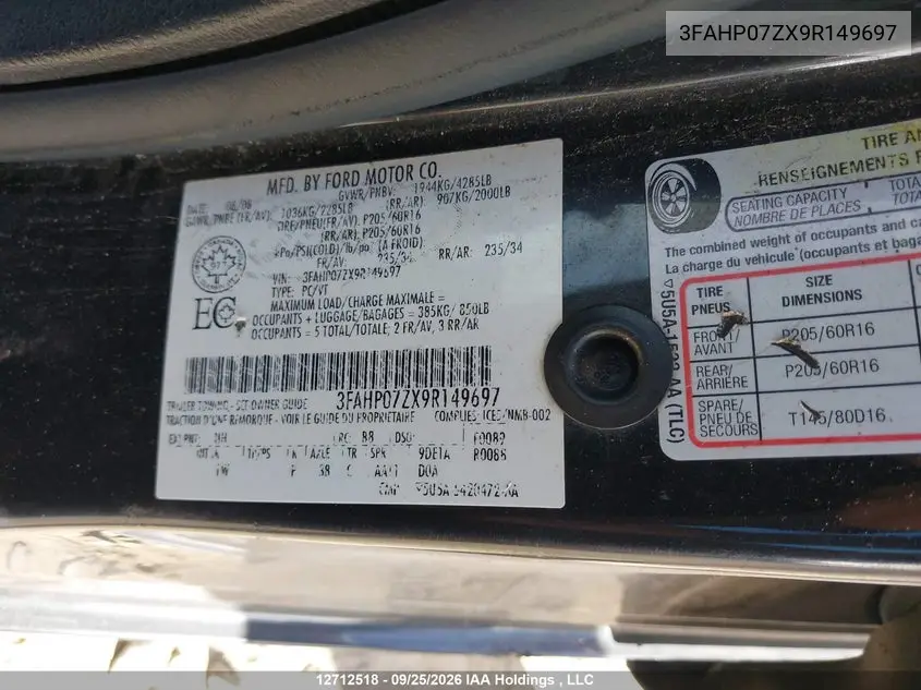 2009 FORD FUSION VIN 3FAHP07ZX9R149697 — фото 9