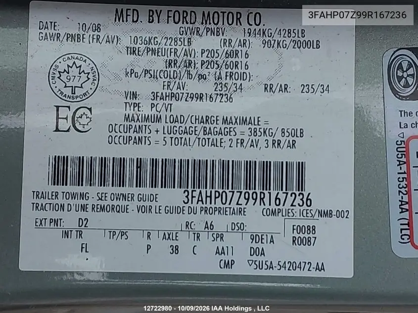2009 FORD FUSION VIN 3FAHP07Z99R167236 — фото 9