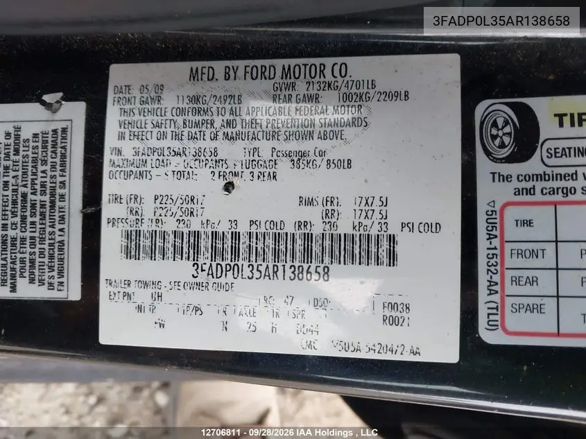 2010 FORD FUSION VIN 3FADP0L35AR138658 — фото 9