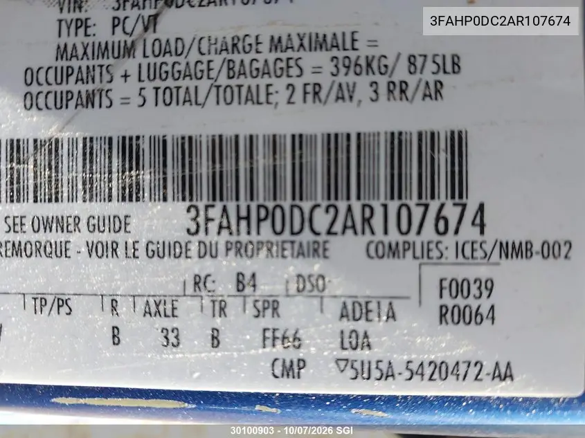 2010 FORD FUSION VIN 3FAHP0DC2AR107674 — фото 9