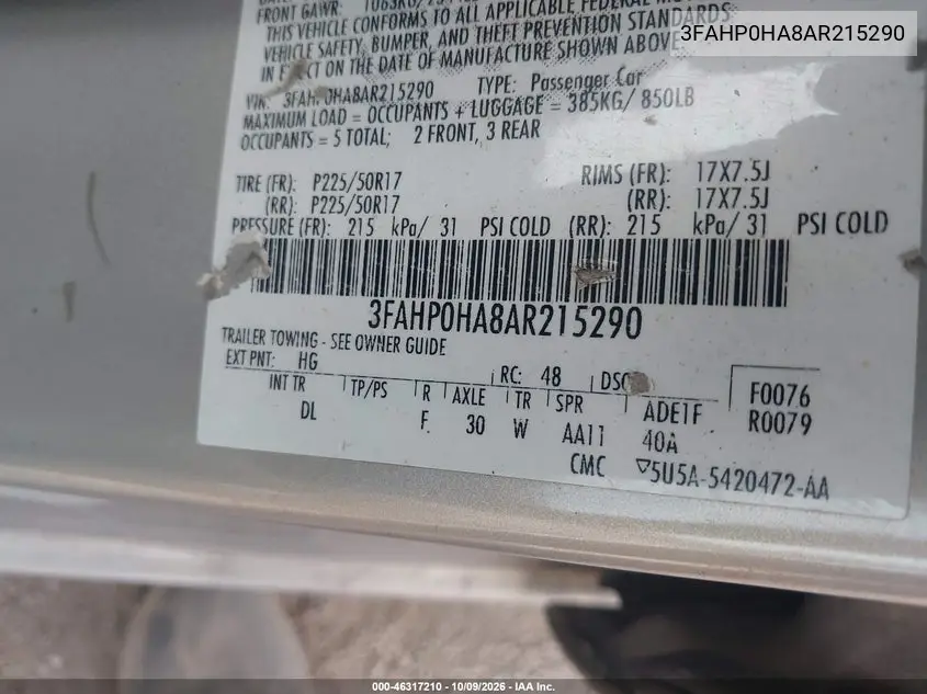 2010 FORD FUSION VIN 3FAHP0HA8AR215290 — фото 9