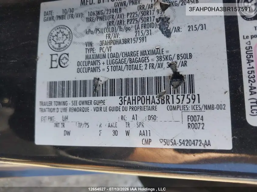 2011 FORD FUSION VIN 3FAHP0HA3BR157591 — фото 9